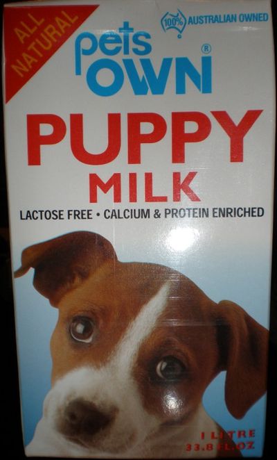 Box of a puppies milk, complete with a picture of the puppy it was stolen from